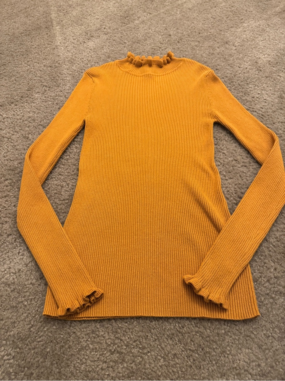 Derek Heart Mustard Ribbed Long Sleeve Top with Ruffle Mock Neck